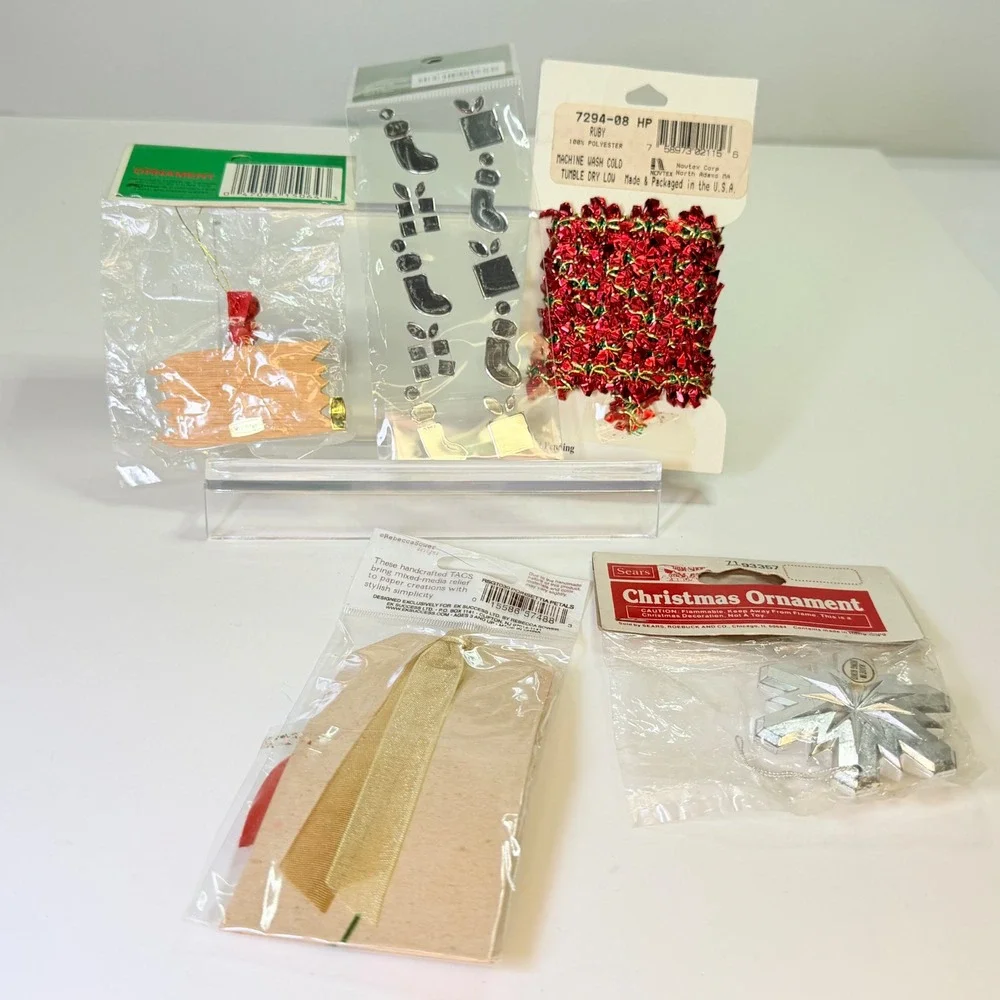 Vintage Christmas Craft Lot Sears Ornament Kmart Wood Sign Novtex Trim Gift Tags